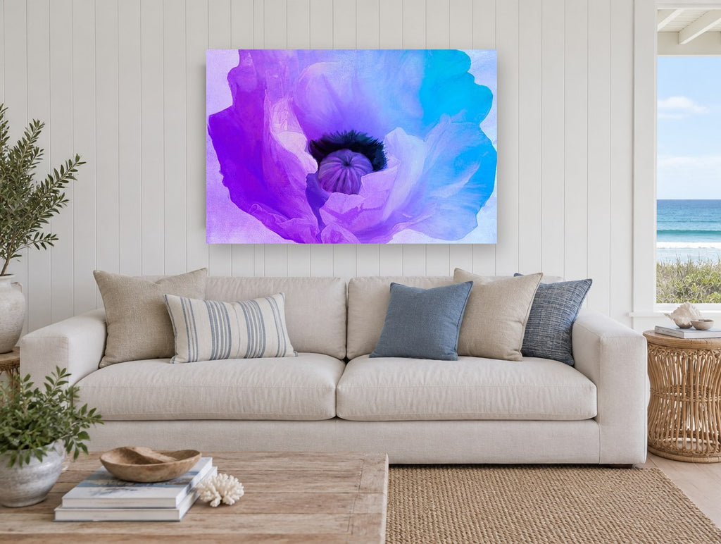 Violet Poppy Bloom floral canvas print on the wall of a beach house living room