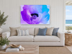 Violet Poppy Bloom floral canvas print on the wall of a beach house living room