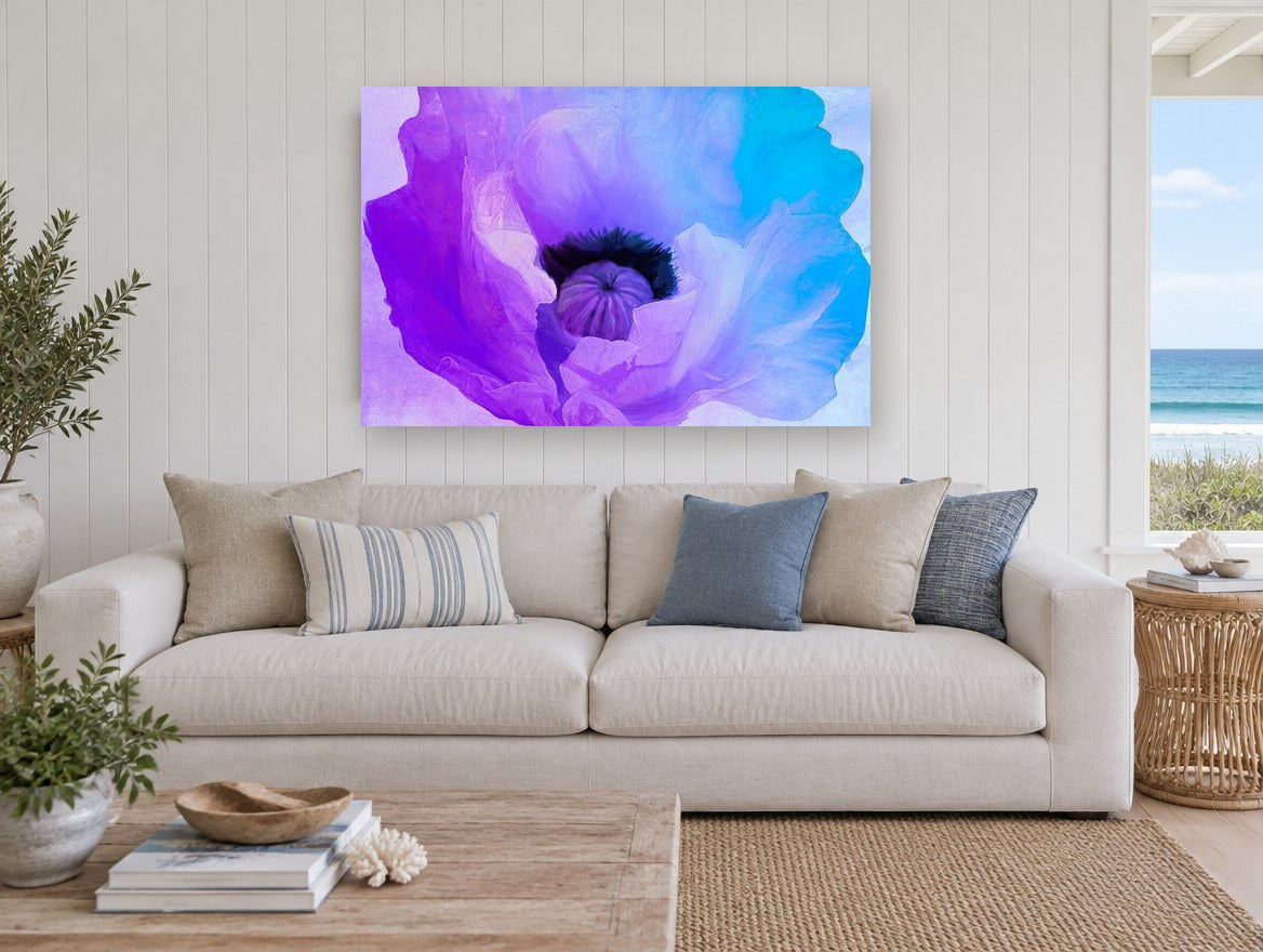 Violet Poppy Bloom floral canvas print on the wall of a beach house living room