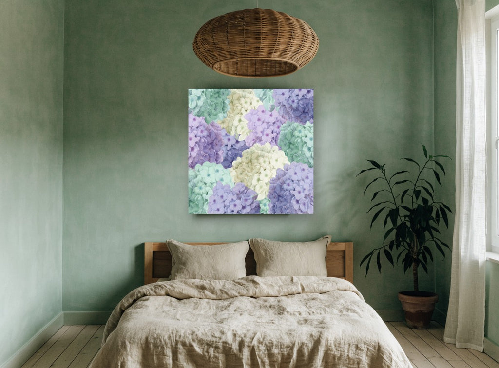 Hydrangea Patchwork Pastels floral canvas print on the wall of a bedroom