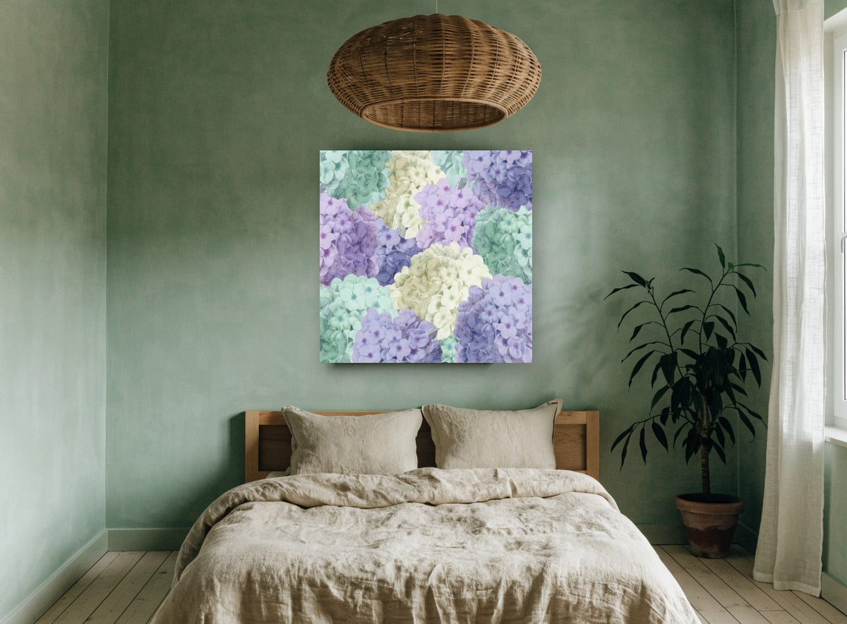 Hydrangea Patchwork Pastels floral canvas print on the wall of a bedroom