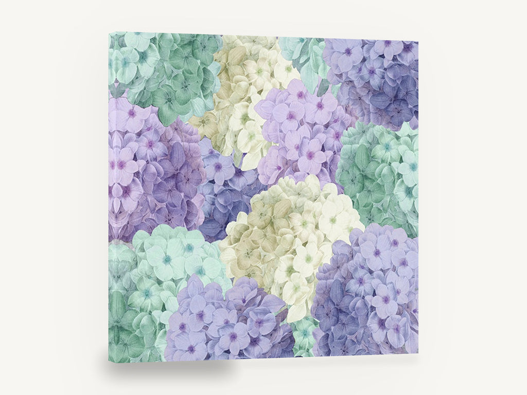 Hydrangea Patchwork Pastels, purple green hydrangea floral pattern, floral canvas wall art print ready to hang