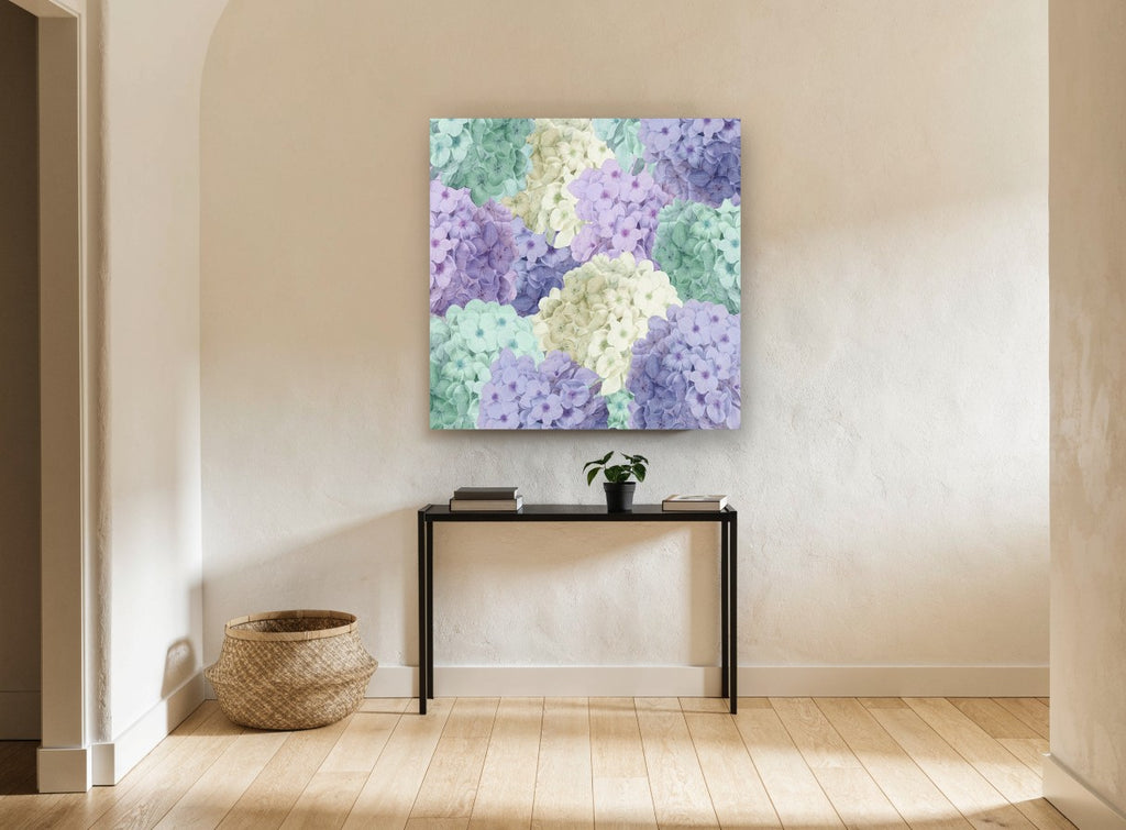 Hydrangea Patchwork Pastels floral canvas print on the wall of a hallway