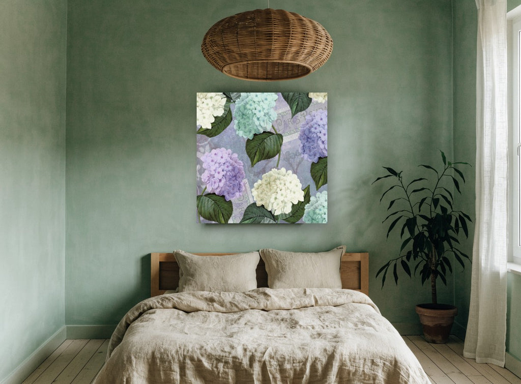 Hydrangea Postcard Lavenders floral canvas print on the wall of a bedroom
