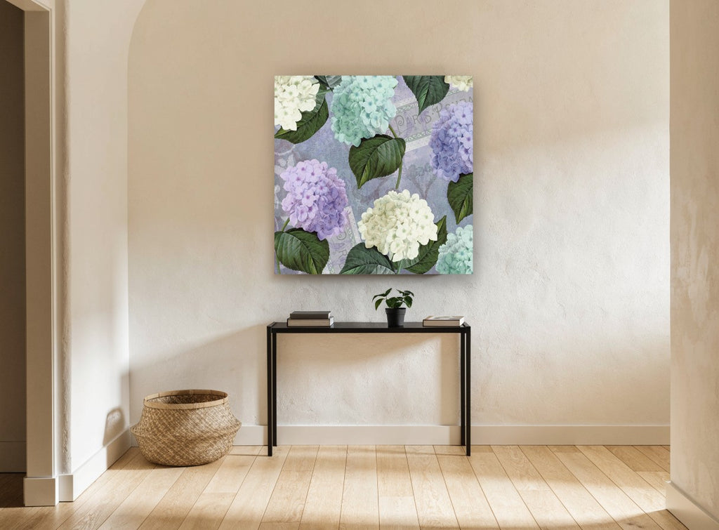 Hydrangea Postcard Lavenders floral canvas print on the wall of a hallway