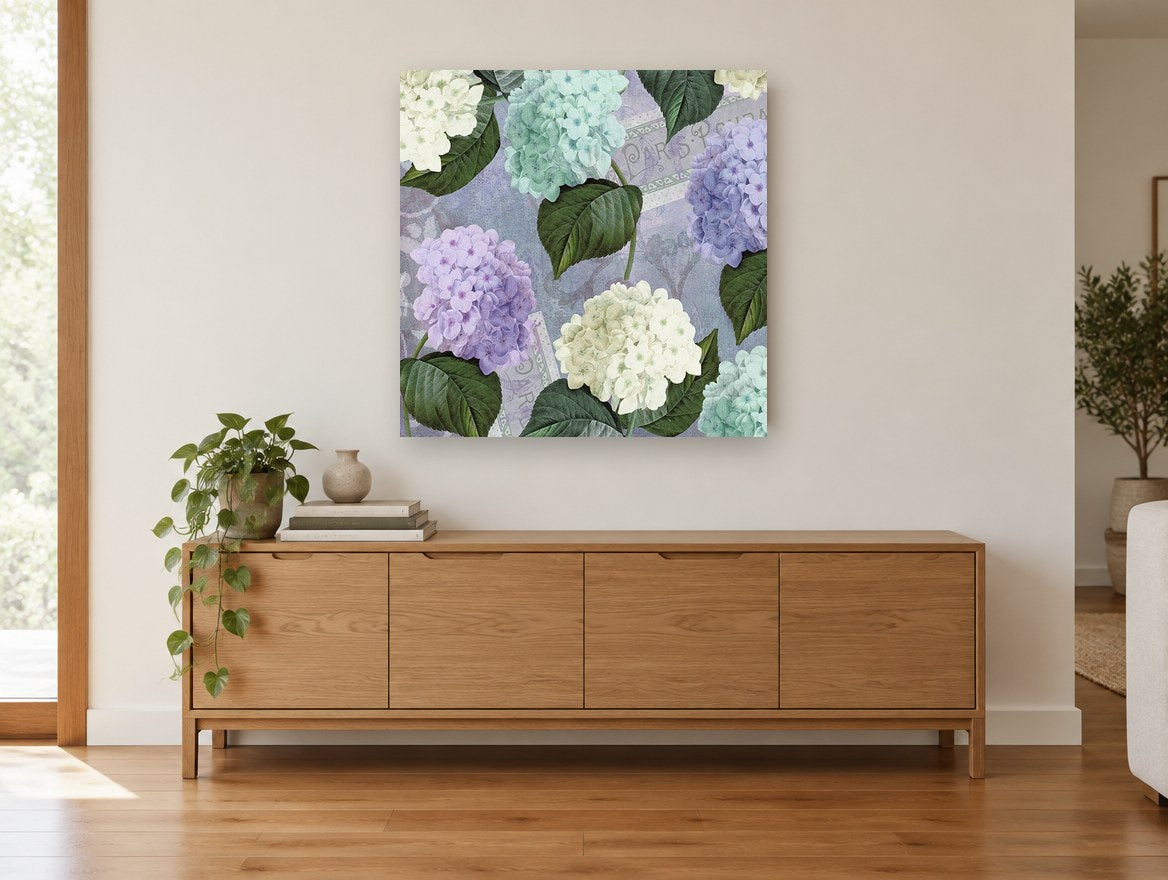 Hydrangea Postcard Lavenders floral canvas print on the wall of a living room above a sideboard