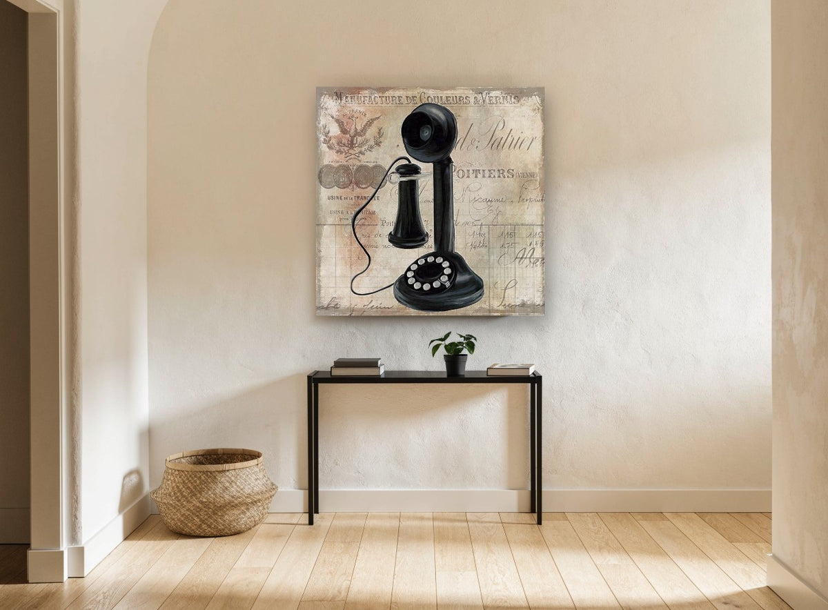 Candlestick Telephone Letterhead vintage canvas print on the wall of a hallway