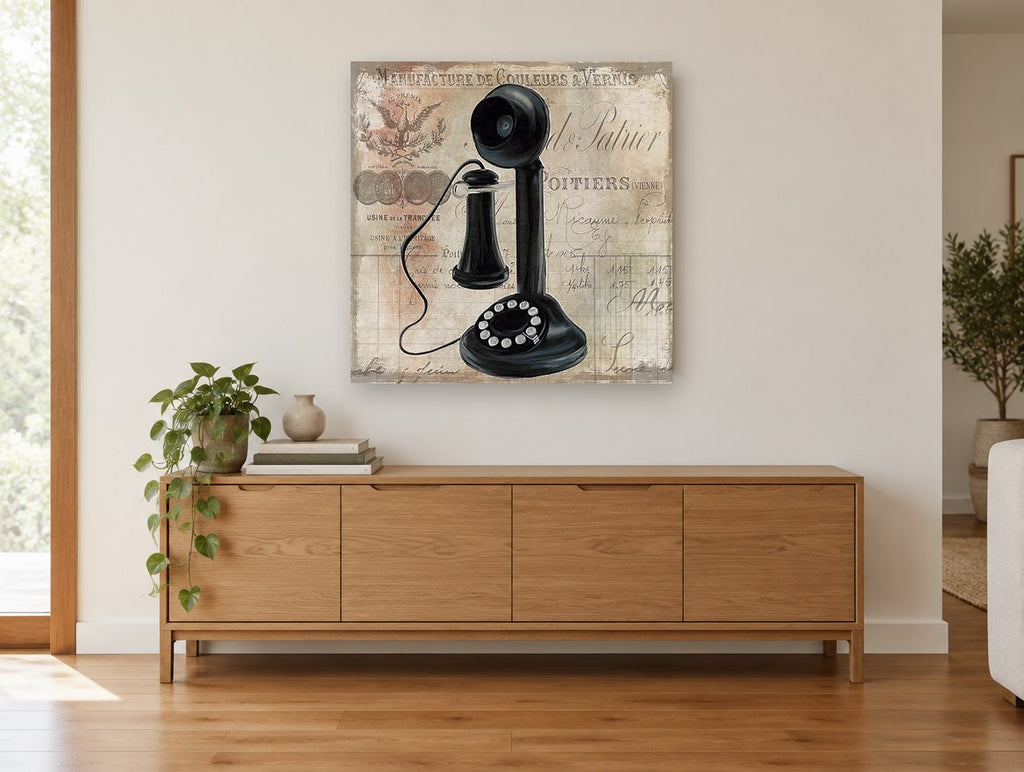 Candlestick Telephone Letterhead vintage canvas print on the wall of a living room above a sideboard