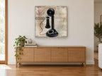 Candlestick Telephone Letterhead vintage canvas print on the wall of a living room above a sideboard