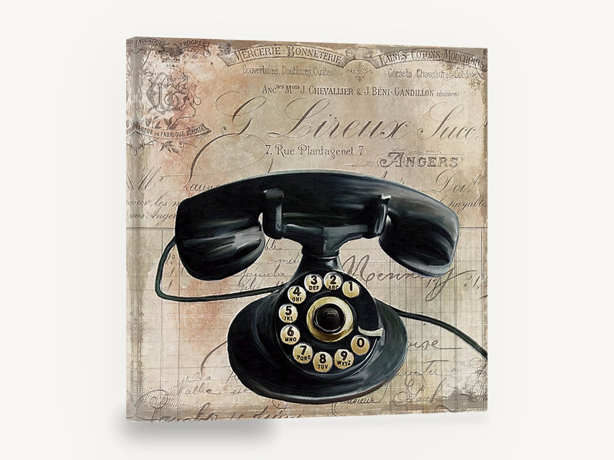 Rotary Telephone Ledger, vintage black rotary telephone, stretched canvas wall art print ready to hang