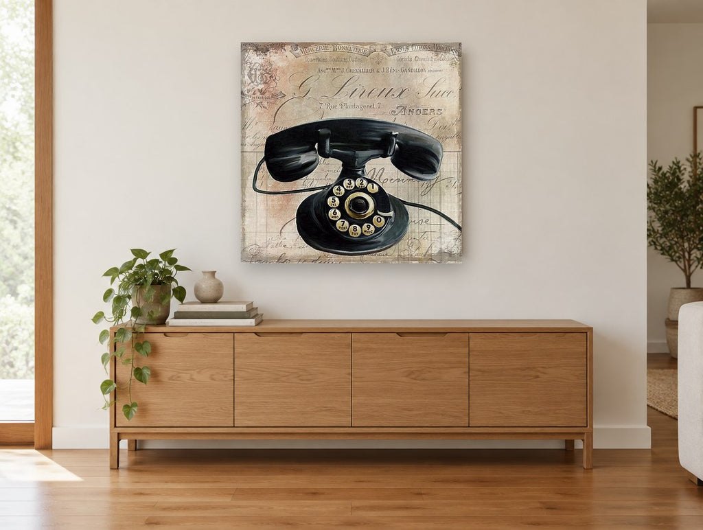 Rotary Telephone Ledger vintage canvas print on the wall of a living room above a sideboard