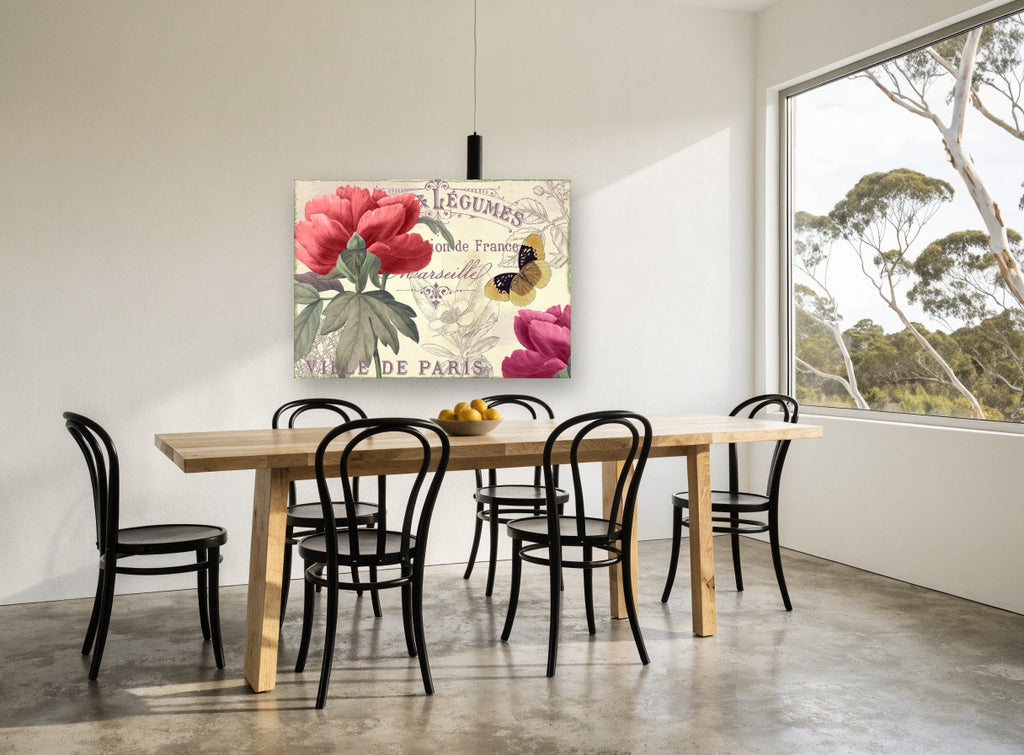 Parisian Peony Postcard floral canvas print on the wall of a dining room