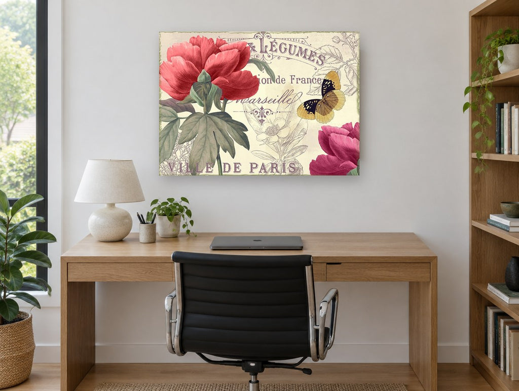 Parisian Peony Postcard floral canvas print on the wall of a study