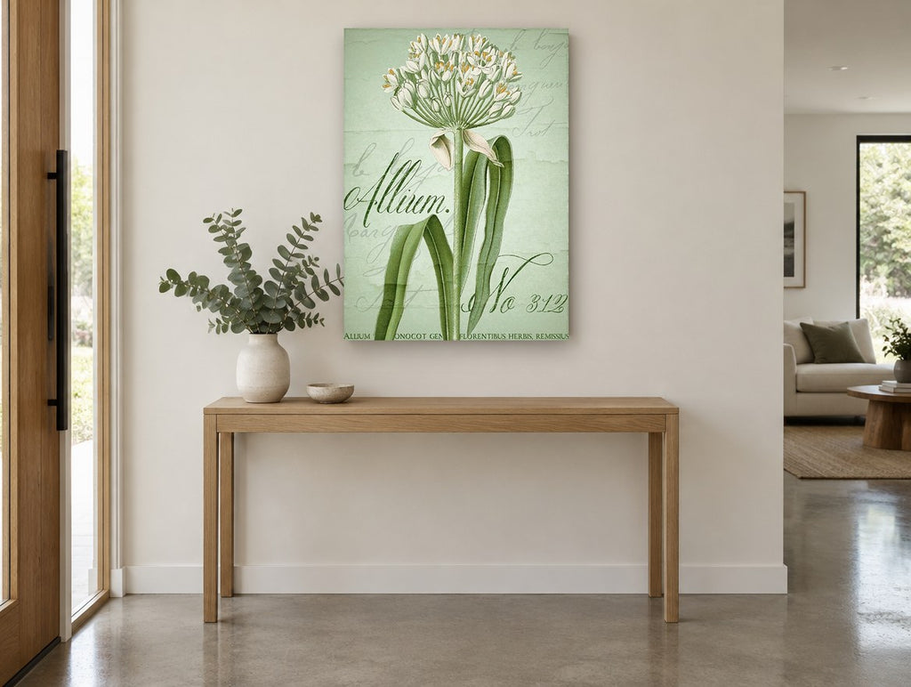 Green Allium Script floral canvas print on the wall of a entry hall