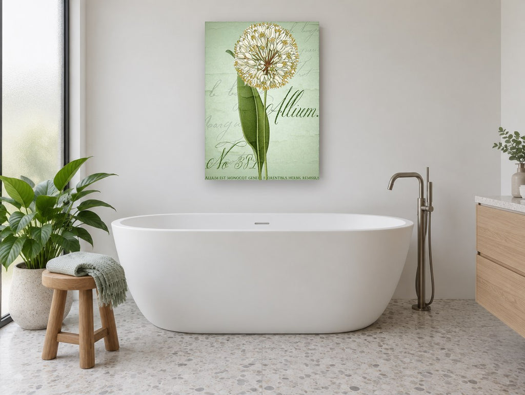 Allium Script Study floral canvas print on the wall of a bathroom