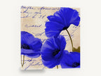 Cobalt Poppies on Script, blue poppies vintage script floral, floral canvas wall art print ready to hang