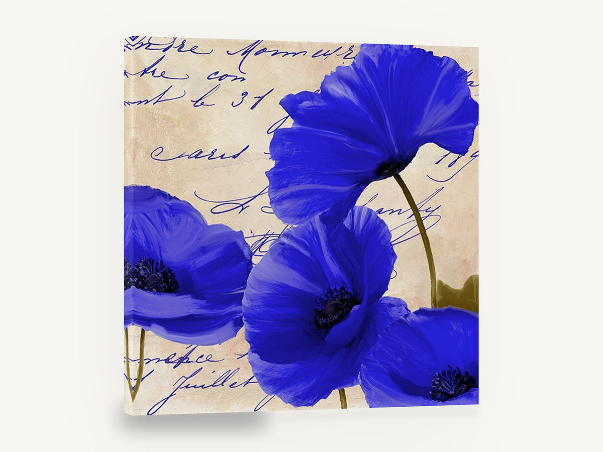 Cobalt Poppies on Script, blue poppies vintage script floral, floral canvas wall art print ready to hang