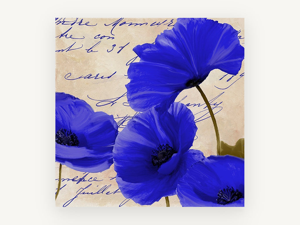 Cobalt Poppies on Script, floral canvas wall art print, front view