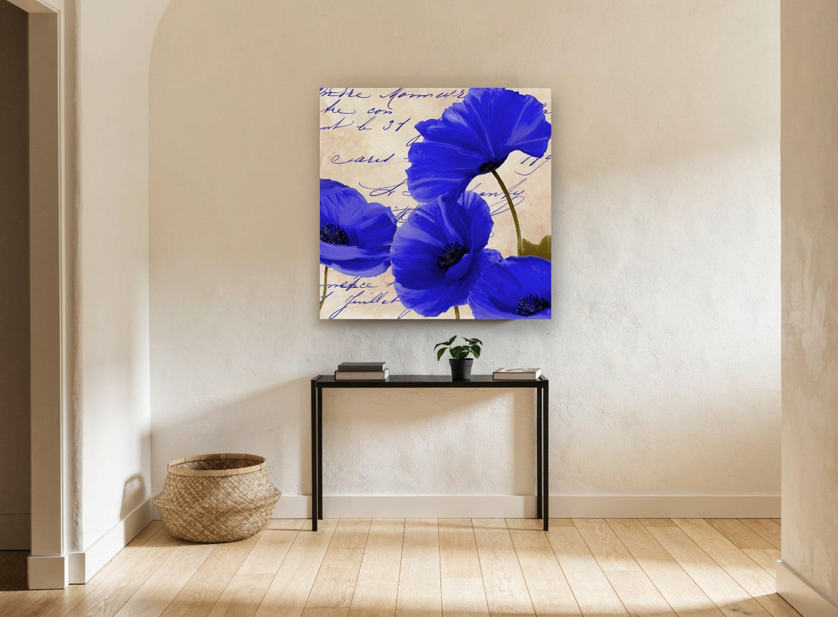 Cobalt Poppies on Script floral canvas print on the wall of a hallway