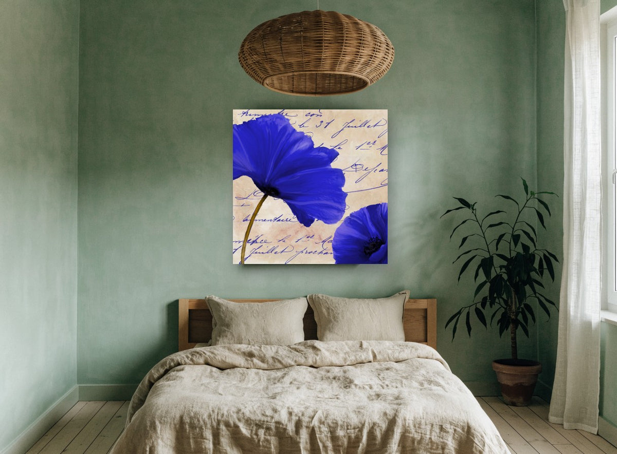 Azure Script Poppies floral canvas print on the wall of a bedroom