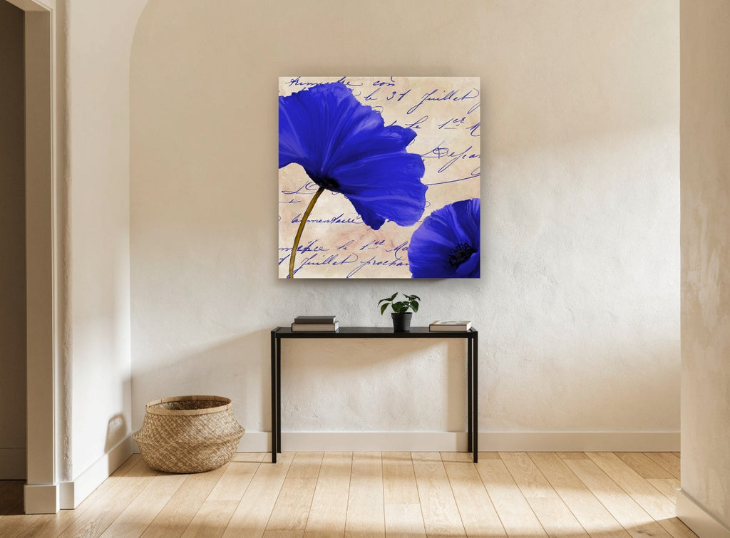 Azure Script Poppies floral canvas print on the wall of a hallway