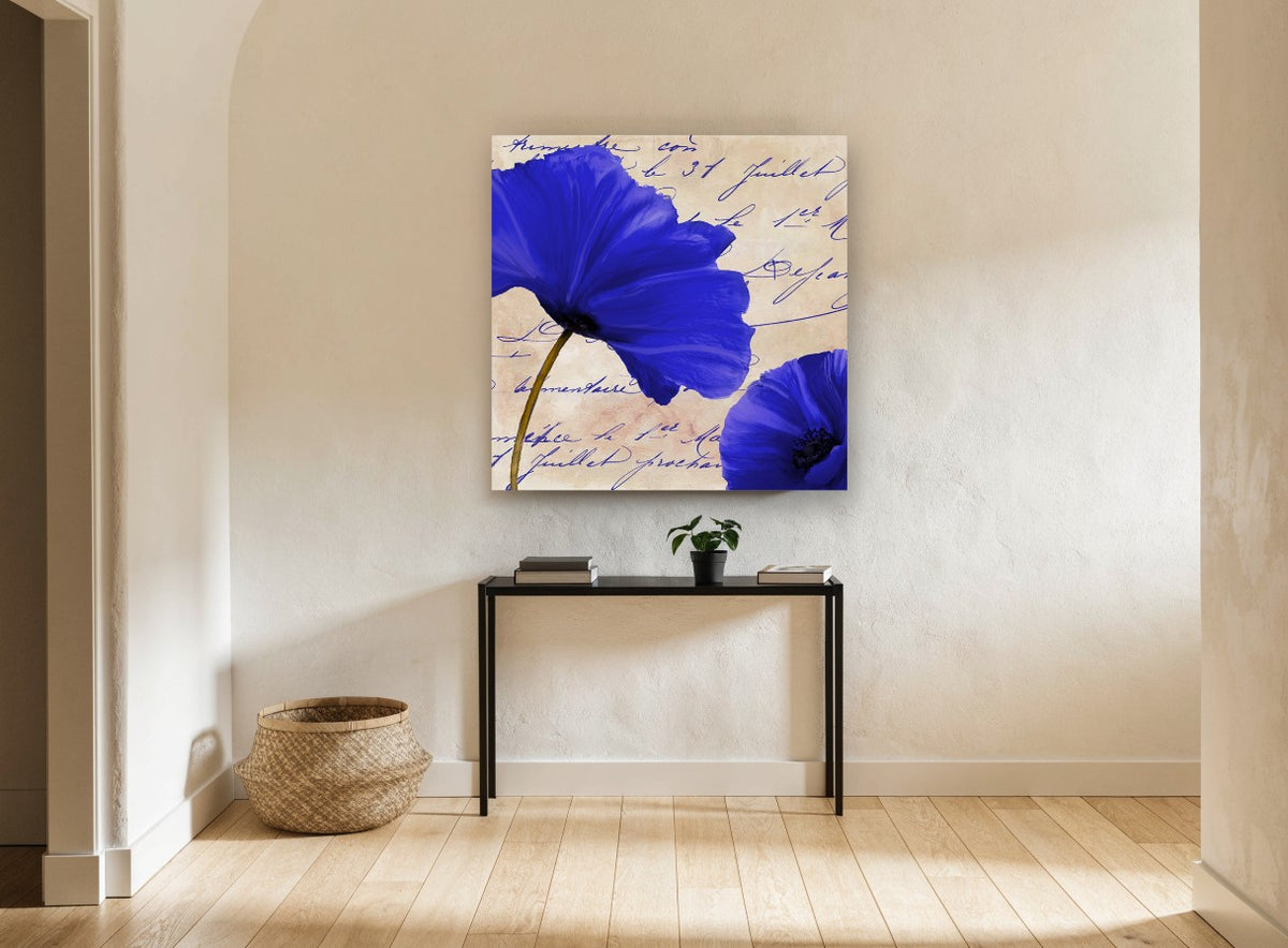 Azure Script Poppies floral canvas print on the wall of a hallway
