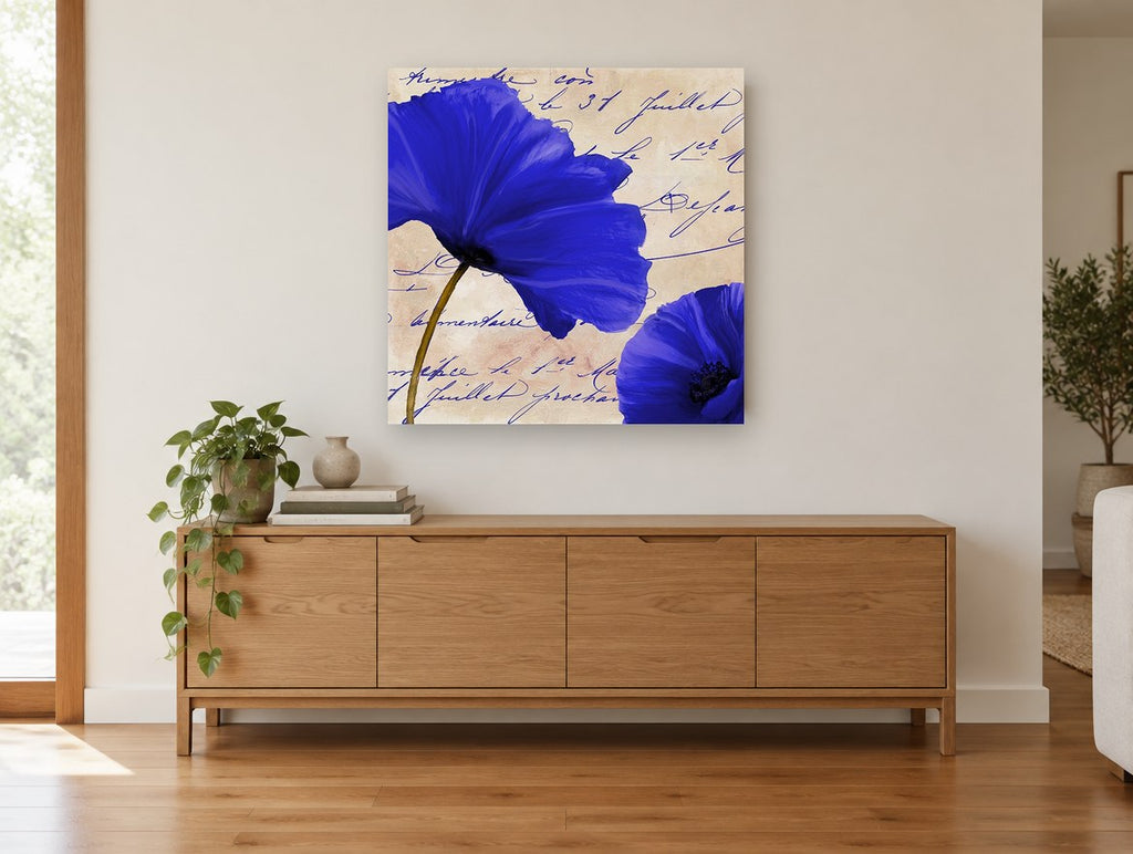 Azure Script Poppies floral canvas print on the wall of a living room above a sideboard
