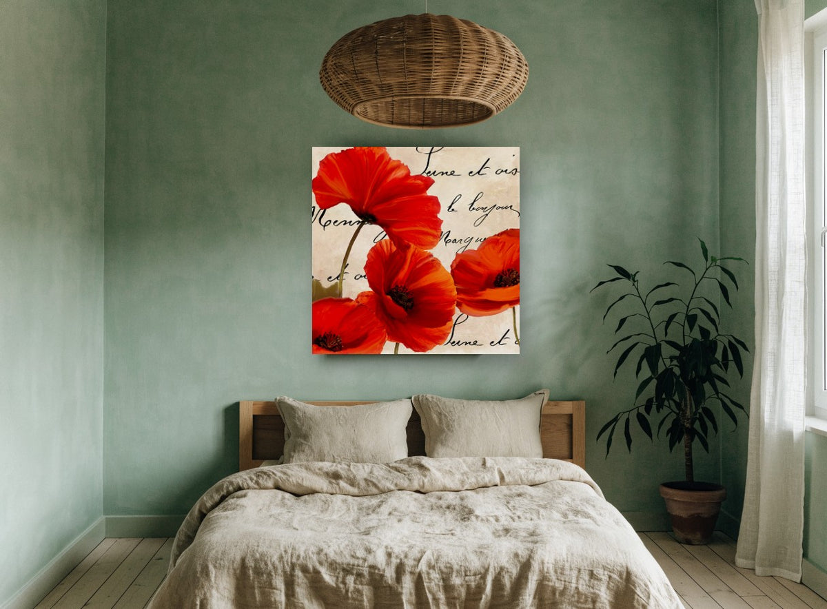 Scarlet Poppies on Script floral canvas print on the wall of a bedroom