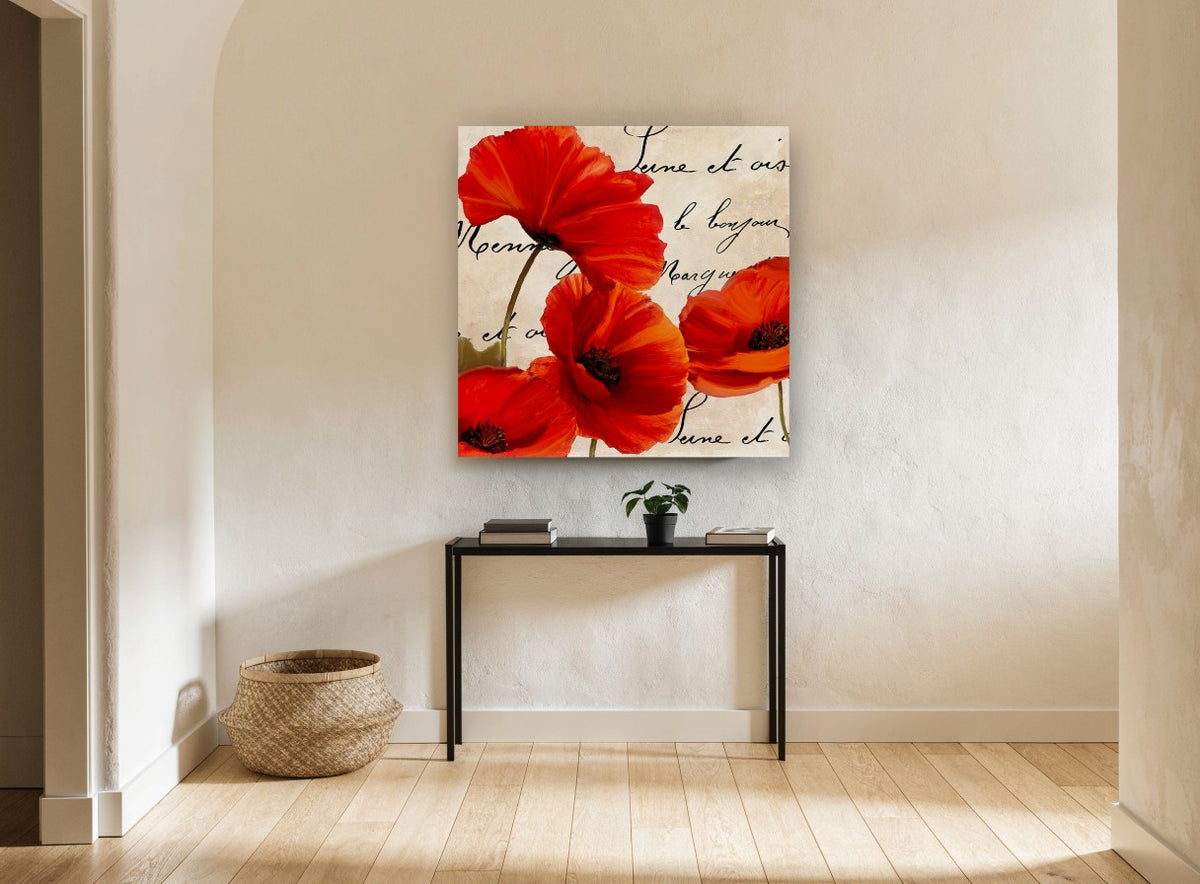 Scarlet Poppies on Script floral canvas print on the wall of a hallway