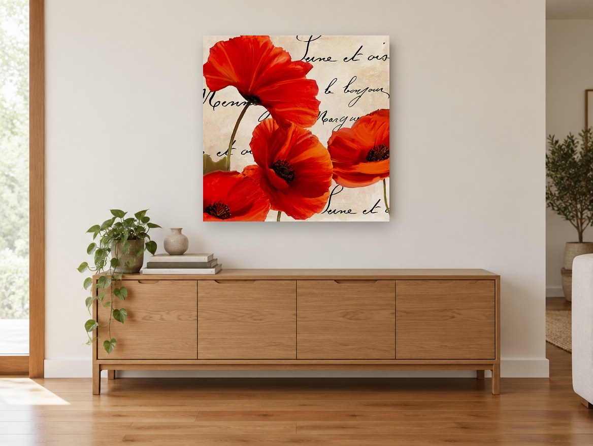 Scarlet Poppies on Script floral canvas print on the wall of a living room above a sideboard