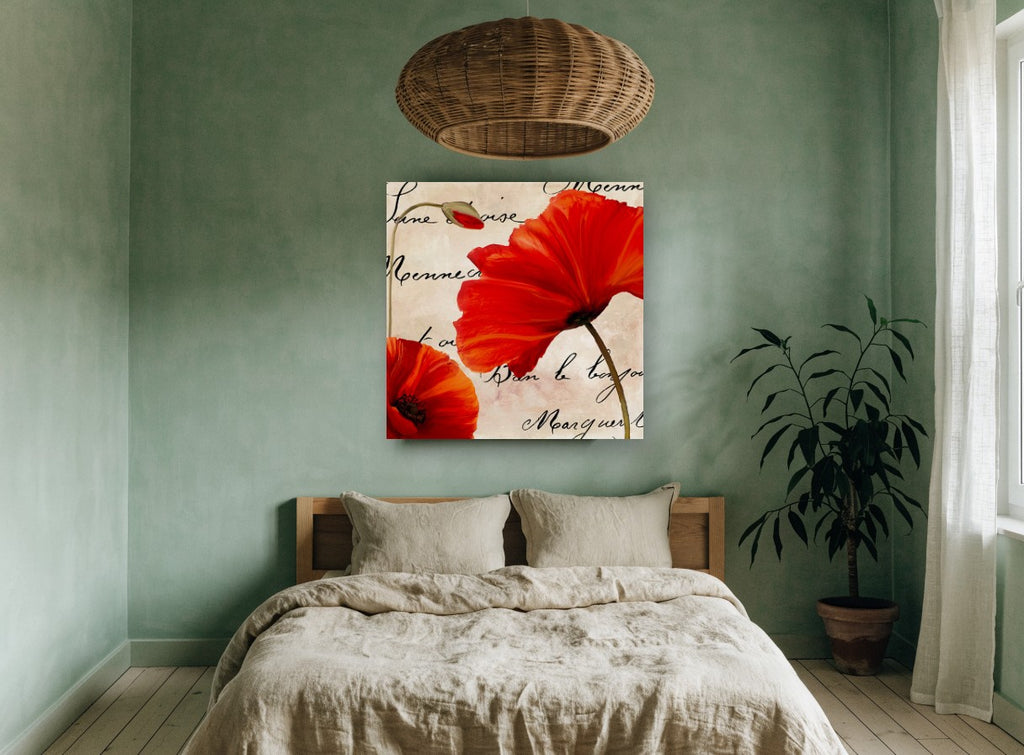 Scarlet Poppies Script floral canvas print on the wall of a bedroom