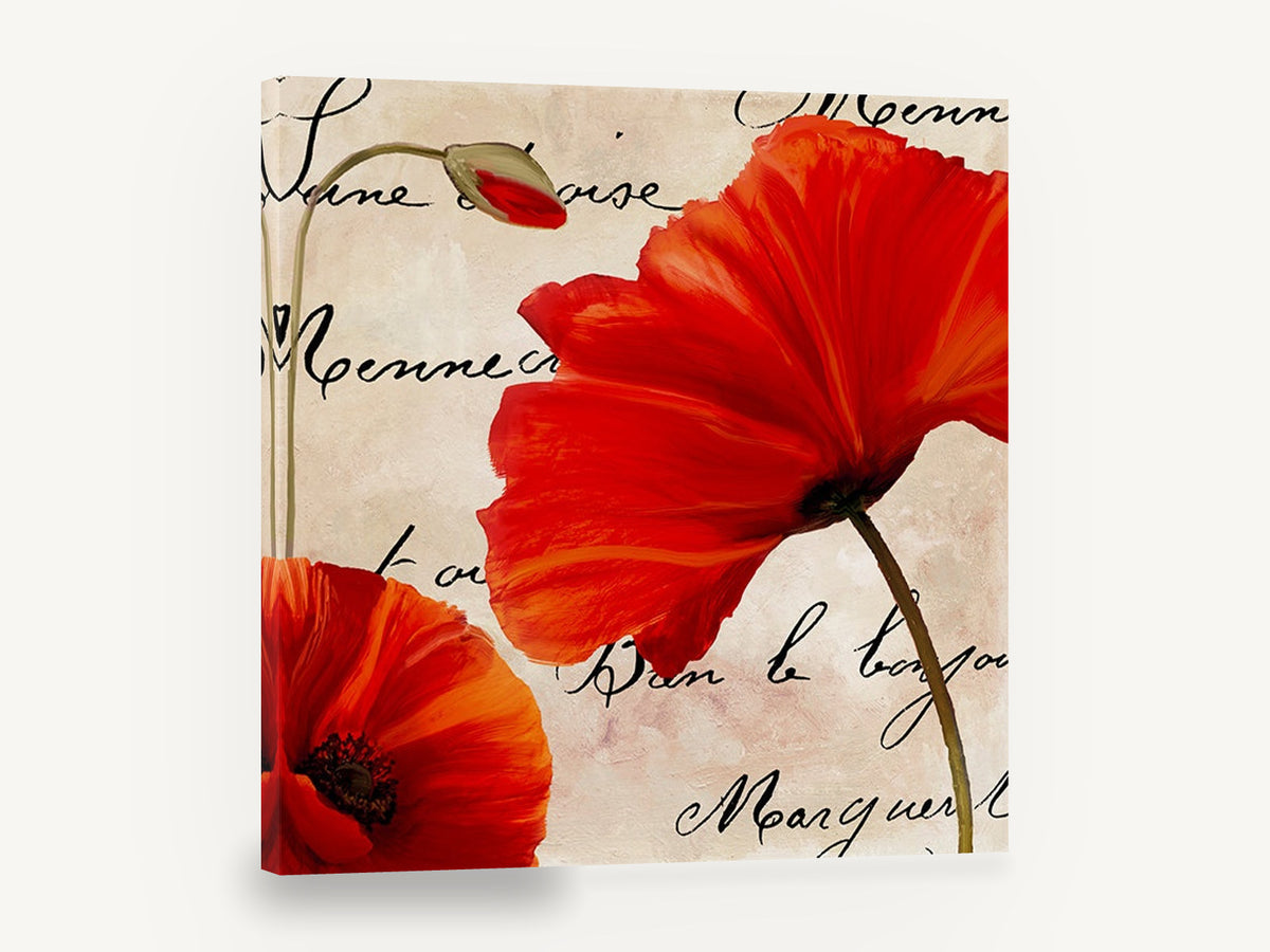 Scarlet Poppies Script, red poppies on script background, floral canvas wall art print ready to hang