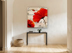 Scarlet Poppies Script floral canvas print on the wall of a hallway