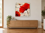 Scarlet Poppies Script floral canvas print on the wall of a living room above a sideboard