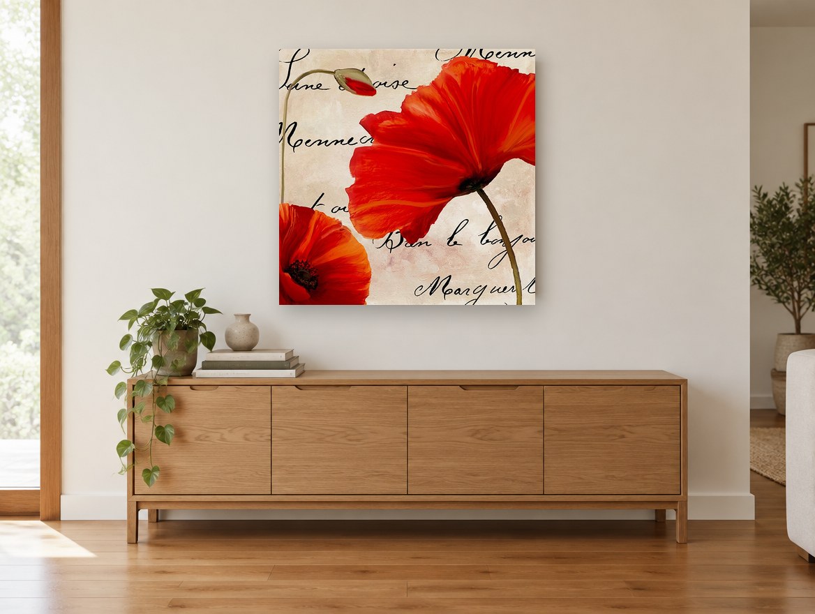 Scarlet Poppies Script floral canvas print on the wall of a living room above a sideboard