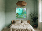 Aqua Rose Scrollwork floral canvas print on the wall of a bedroom