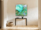 Aqua Rose Scrollwork floral canvas print on the wall of a hallway