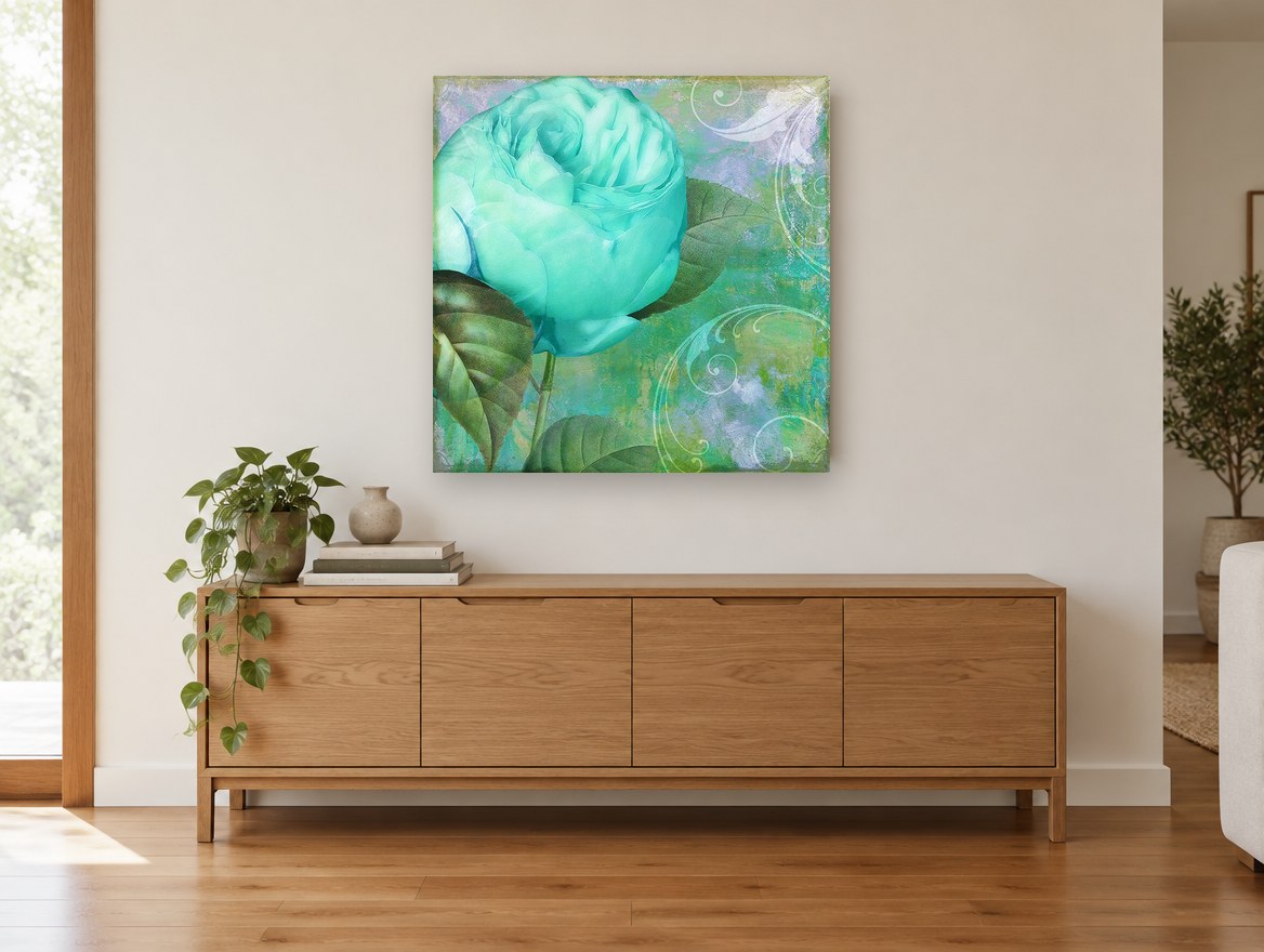 Aqua Rose Scrollwork floral canvas print on the wall of a living room above a sideboard