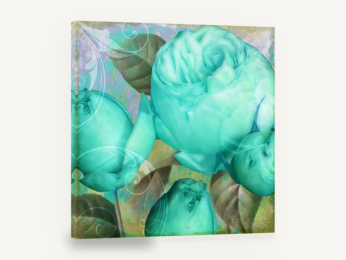 Aqua Rose Bloom, aqua teal roses digital floral, floral canvas wall art print ready to hang
