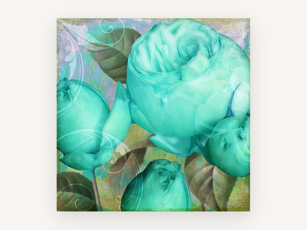 Aqua Rose Bloom, floral canvas wall art print, front view