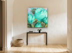 Aqua Rose Bloom floral canvas print on the wall of a hallway