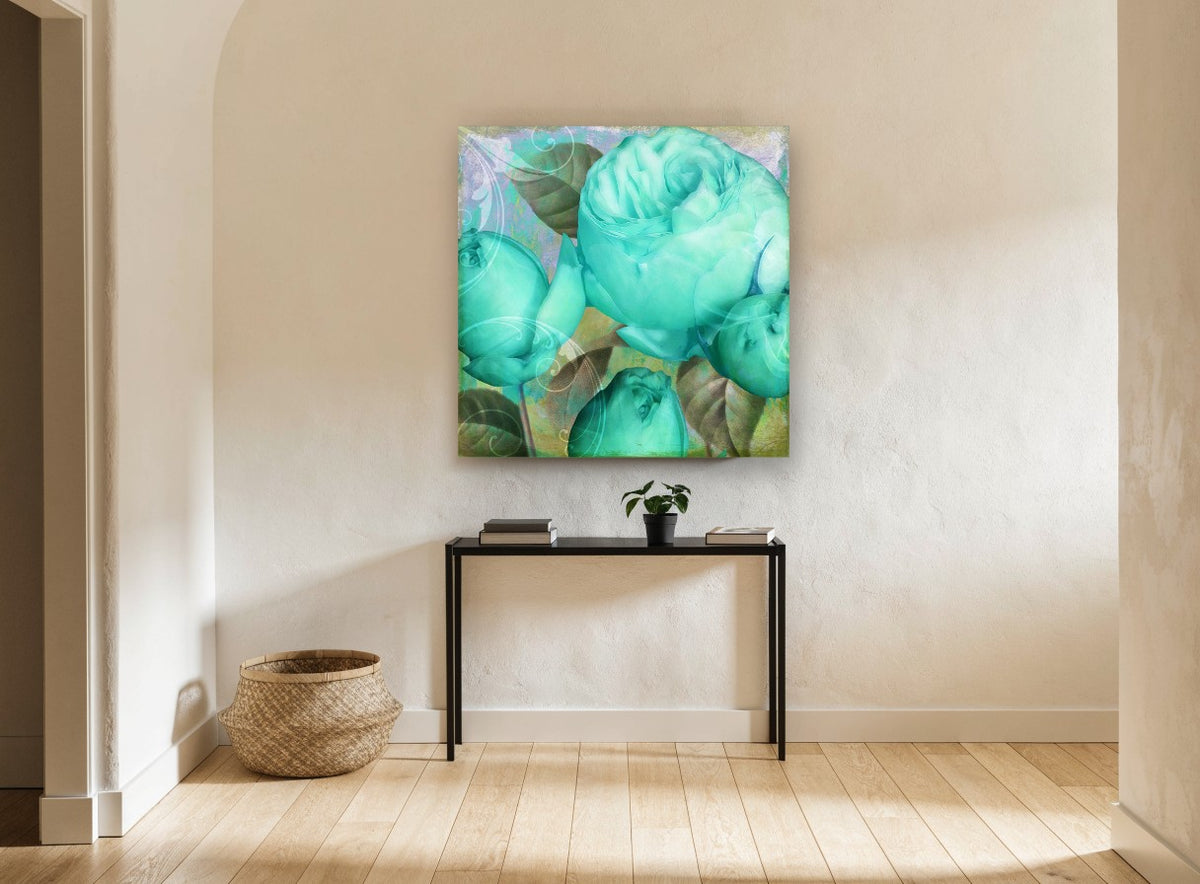 Aqua Rose Bloom floral canvas print on the wall of a hallway