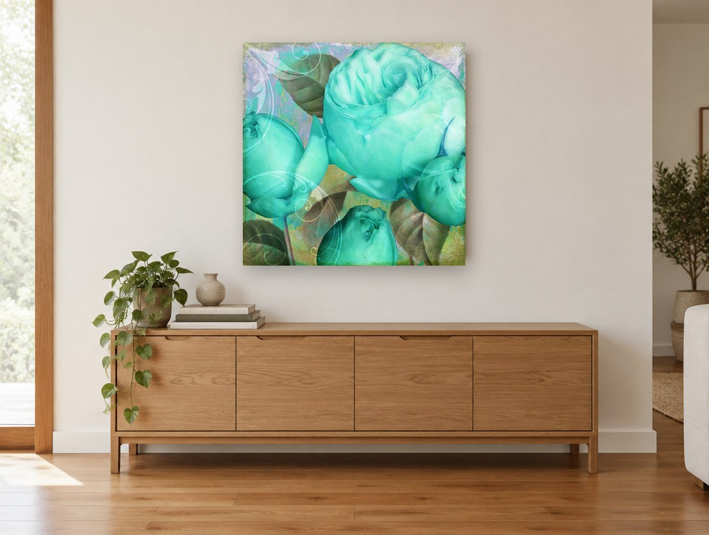 Aqua Rose Bloom floral canvas print on the wall of a living room above a sideboard