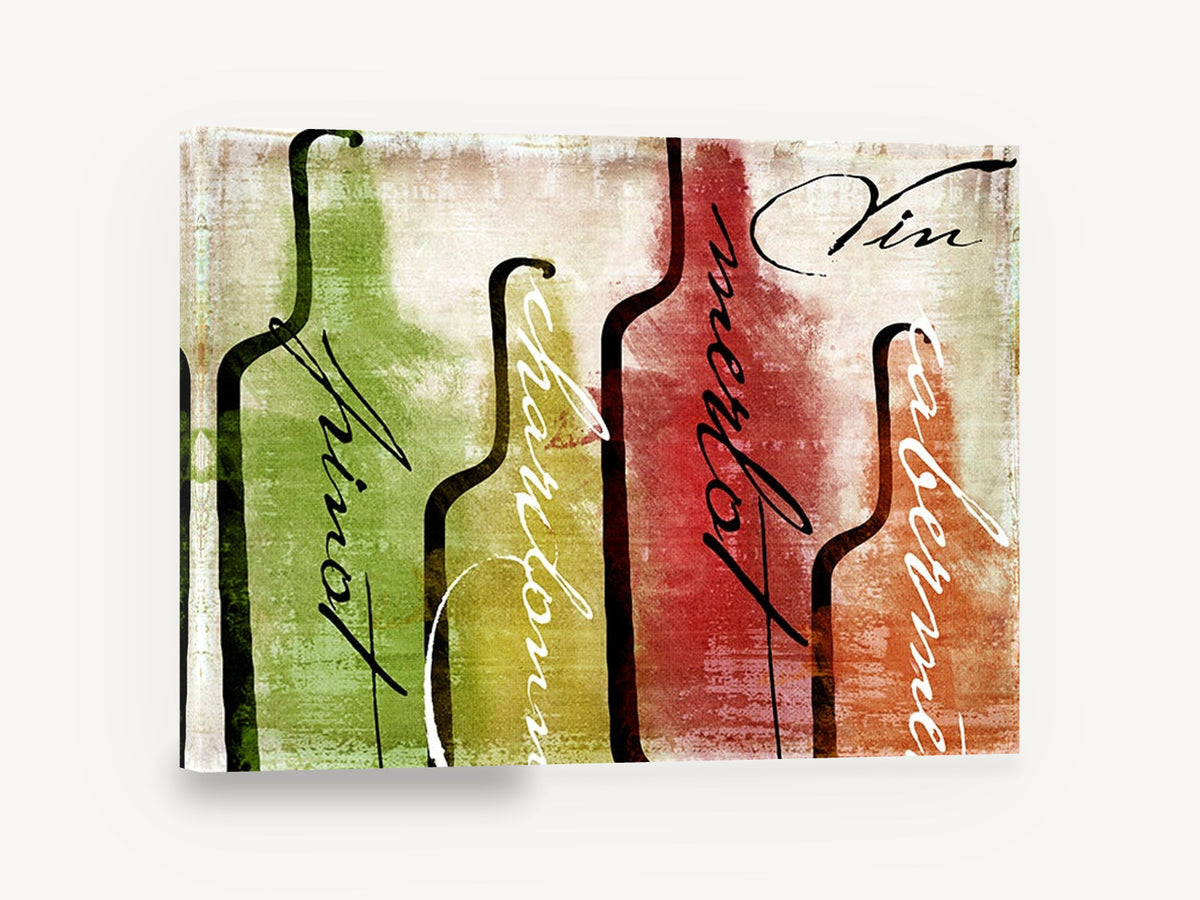 Four Grape Varieties, wine bottles script abstract kitchen, kitchen canvas wall art print ready to hang