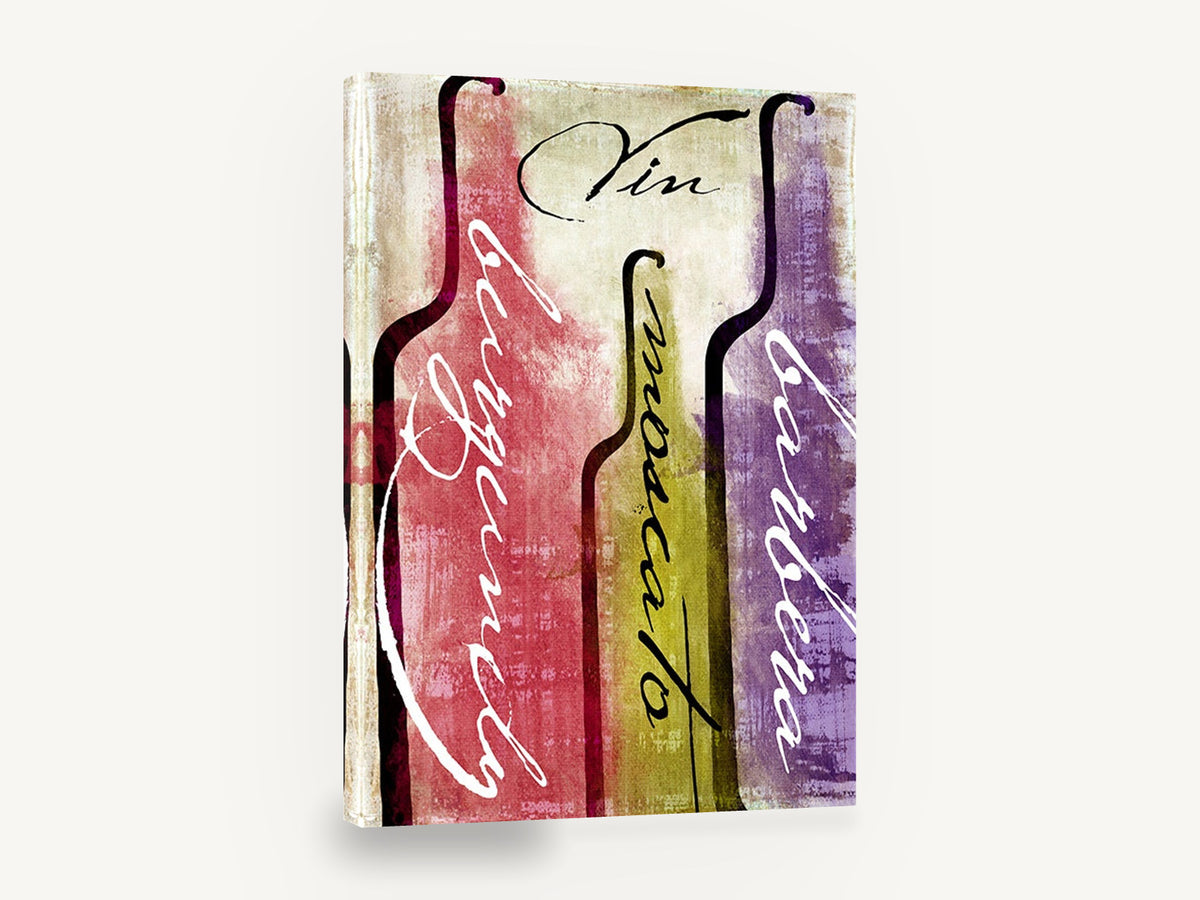Three Bottle Vin Script, wine bottles script typography abstract, kitchen canvas wall art print ready to hang