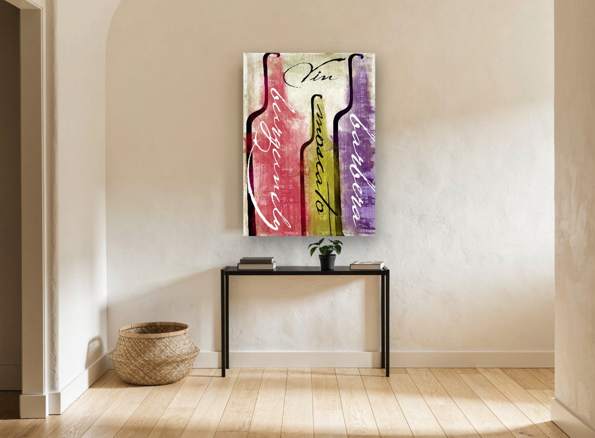 Three Bottle Vin Script kitchen canvas print on the wall of a hallway