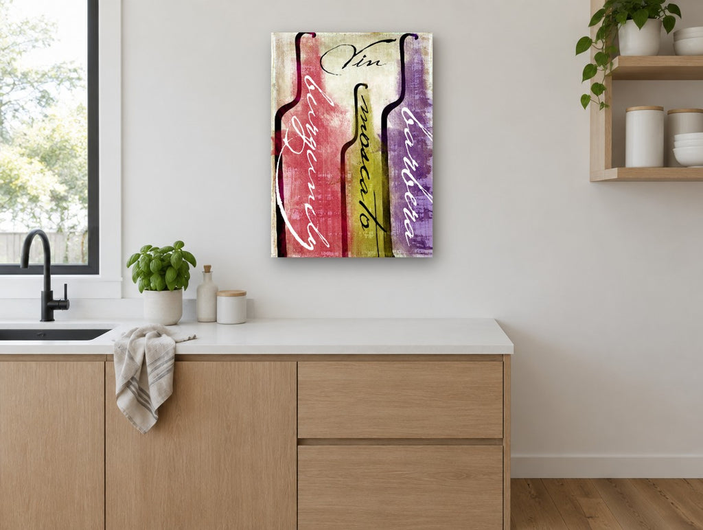 Three Bottle Vin Script kitchen canvas print on the wall of a kitchen