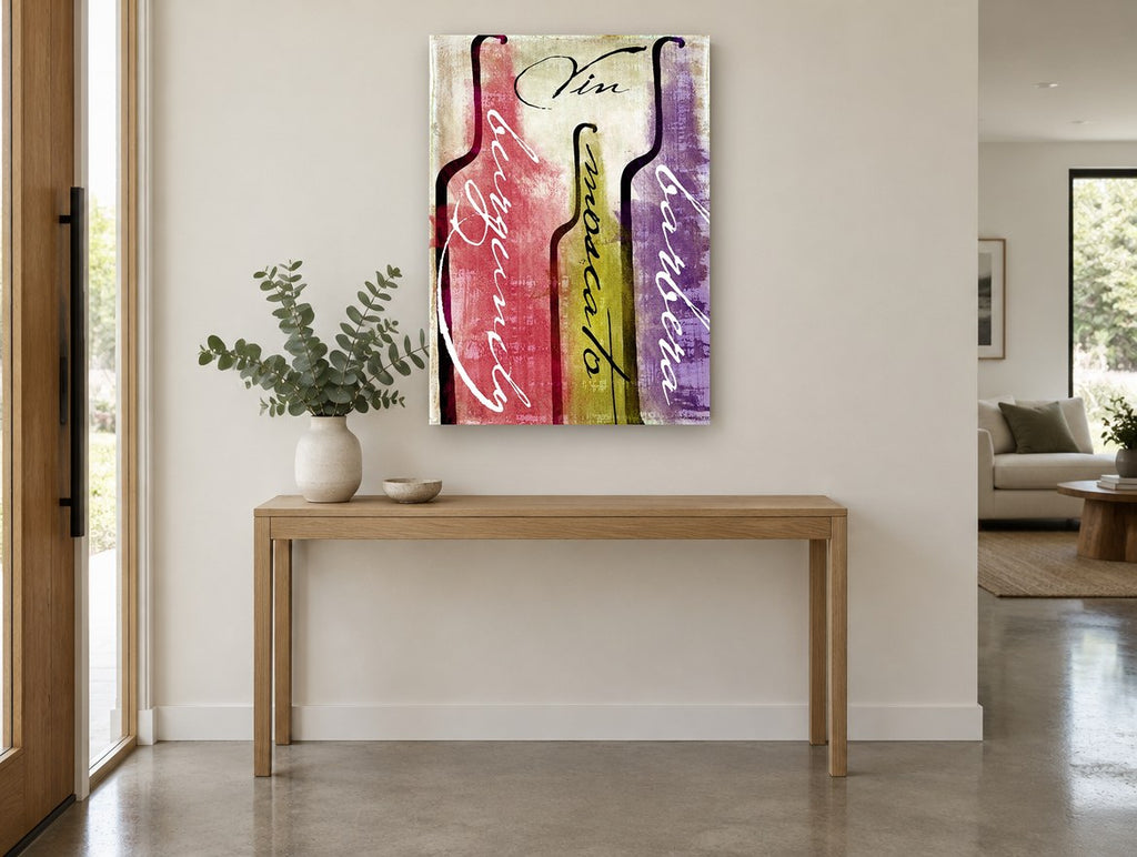 Three Bottle Vin Script kitchen canvas print on the wall of a entry hall
