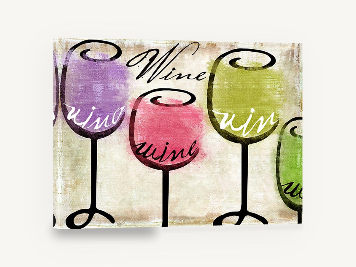 Four Glasses Tasting, colourful wine glasses script kitchen, kitchen canvas wall art print ready to hang