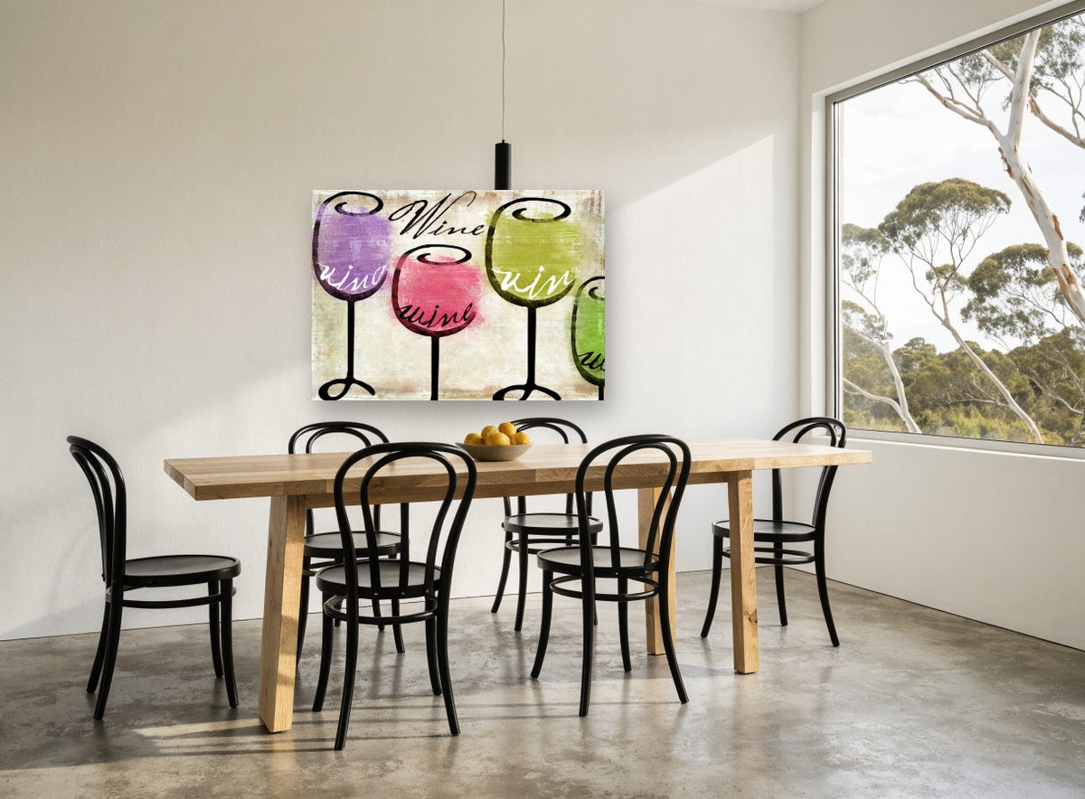 Four Glasses Tasting kitchen canvas print on the wall of a dining room